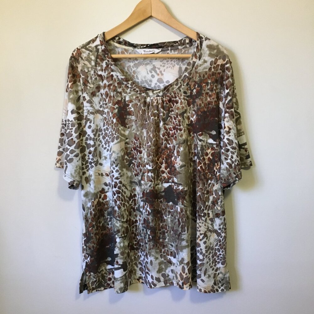 VINTAGE 90s Tan Jay Mob Wife Abstract Animalier Pleated Top